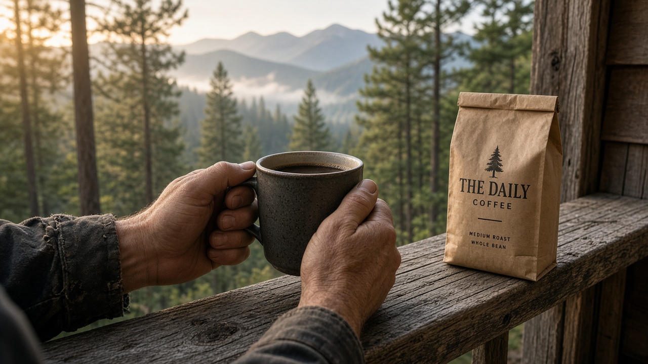 Two hands around a stoneware mug on a cabin porch rail, pine forest and mountains behind, a kraft bag of The Daily beside it